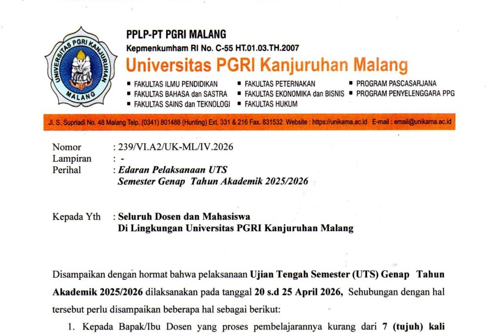 Berikut Surat Edaran Pelaksanaan UTS Semester Genap 2025/2026 :